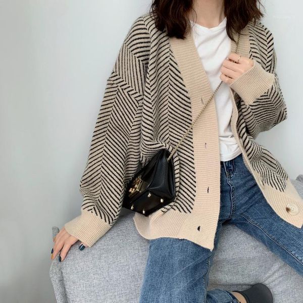 

cardigan sweater coat women 2019 autumn and winter new mid-length sweater loose thin stripe knitted women cardigan v-neck1, White