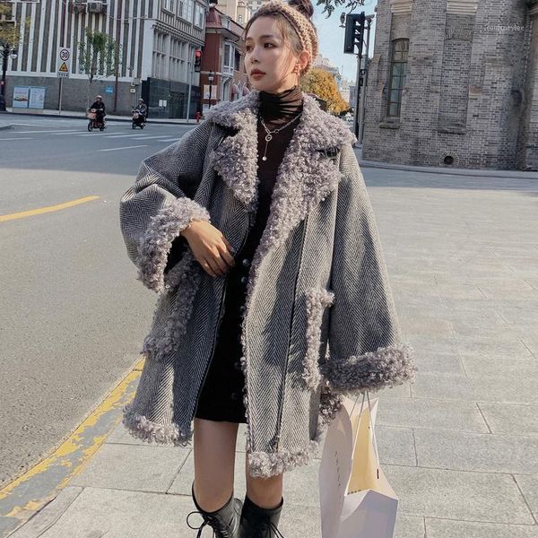 

gray houndstooth furry spliced woolen long coats winter women zipper turn-down raglan sleeve wide-waisted fashion jacket women1, Black