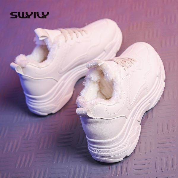 

swyivy platform sneakers women new winter shoes woman white sneakers students casual shoes plush warm autumn dad shoes fur y200109, Black