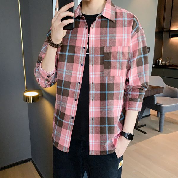 

2021 brand spring autumn long sleeves new flannel collar korea style shirt for men's plaid harajuku clothing q9bm, White;black