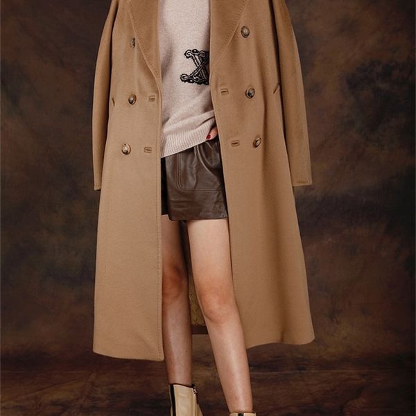 Obrix Kaschmir Kamel Wolle Trendy Hohe Qualität Casual Stil Weibliche Zweireiher V-ausschnitt Streetwear Mantel Für Frauen 201222