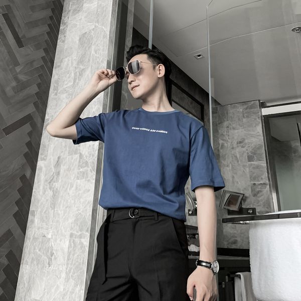 

daio mens korean british lapel short sleeve versatile splicing english print embroidery t-shirt fashion