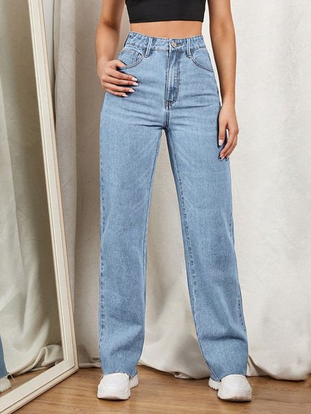 

zipper fly straight leg jeans c4js#, Blue