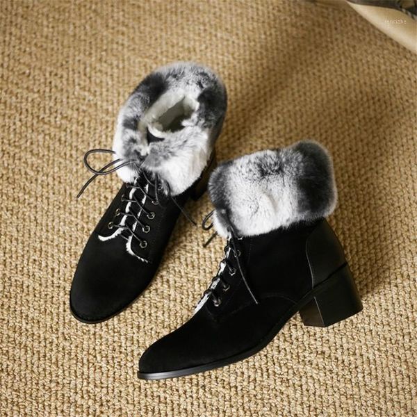 

boots winter women with round toe nubuck leather lace up chunky heel fashion and warm fur item no.82161, Black