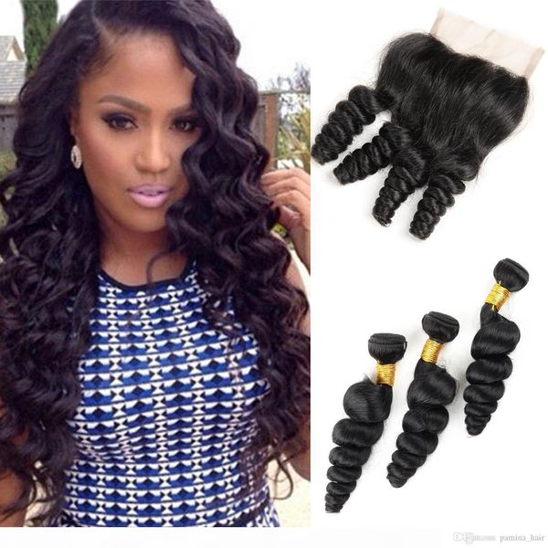 

8a pamina hair malaysian virgin hair lace closure with 4 bundles natural color loose wave remy human hair extensions loose wave, Black