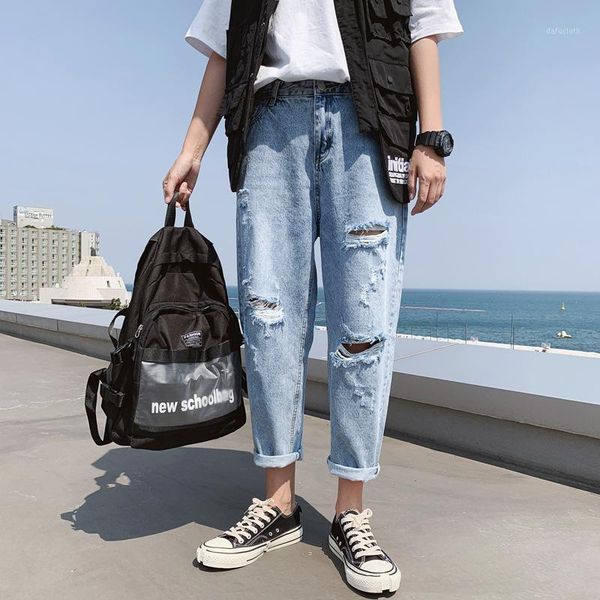 

fashion streetwear men jeans spring summer loose fit harem pants destroyed designer ripped hip hop jeans men denim baggy pants1, Blue