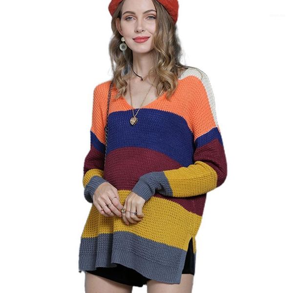 

women long sleeve waffle knit sweater v-neck rainbow stripes slit tunic 875b1, White;black