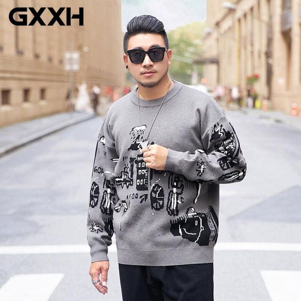 

gxxh autumn winter gray sweater men pullover casual loose male oversize brand graffiti design knitted plus size xxl-7xl clothing, White;black