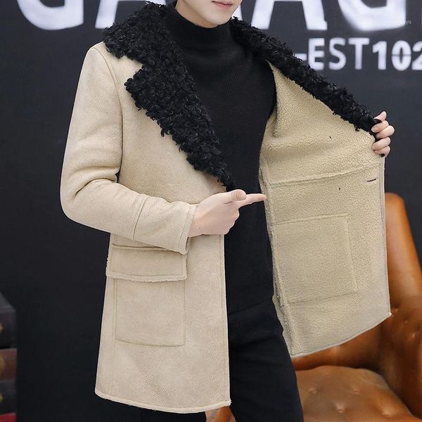 

men 2020 winter loose thick fake lamb windbreaker coat outerwear male streetwear vintage long fur jacket overcoat trench coat1, Black
