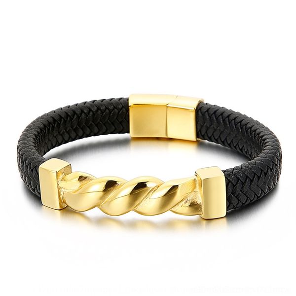 

ibm2e 3jbzl new rope men's leather steel titanium bracelet stainless steel twisted style leather bracelet haoyi, Golden;silver