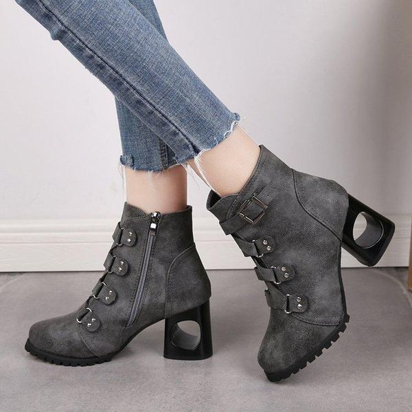 

boots women thick heels autumn and winter large size high heel belt buckle rivets short motorcycle, Black