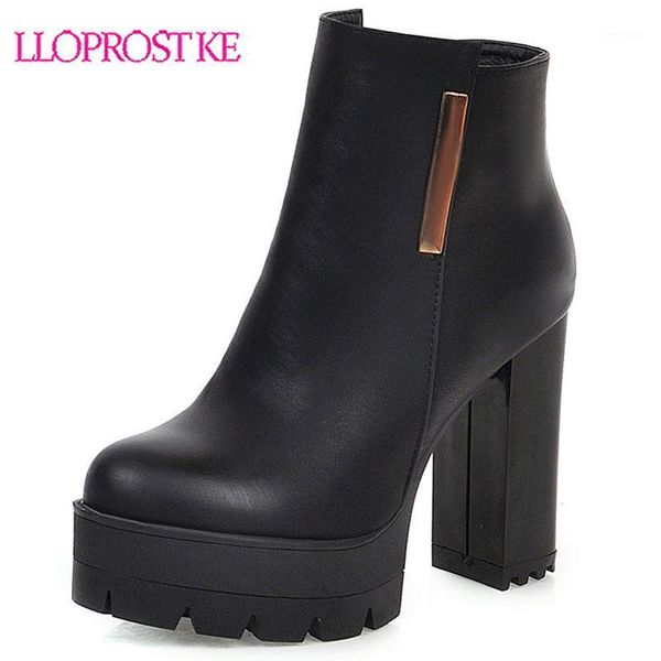 

boots lloprost ke ankle women high heels thick boot female metal platform shoes ladies round toe winter big size 33-481, Black