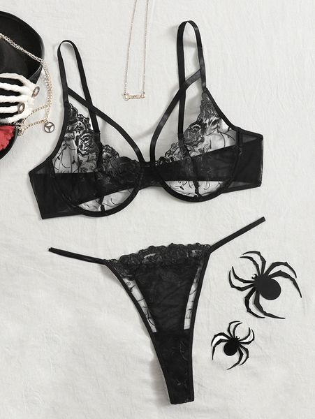 

plus floral mesh underwire harness lingerie set 944i#, Black;white