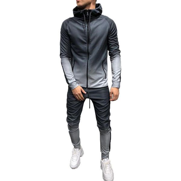 

men sportswear stand collar zipper long sleeve sweatshirt coat elastic pants tracksuit autumn male tie-dye outfits plus size, Gray
