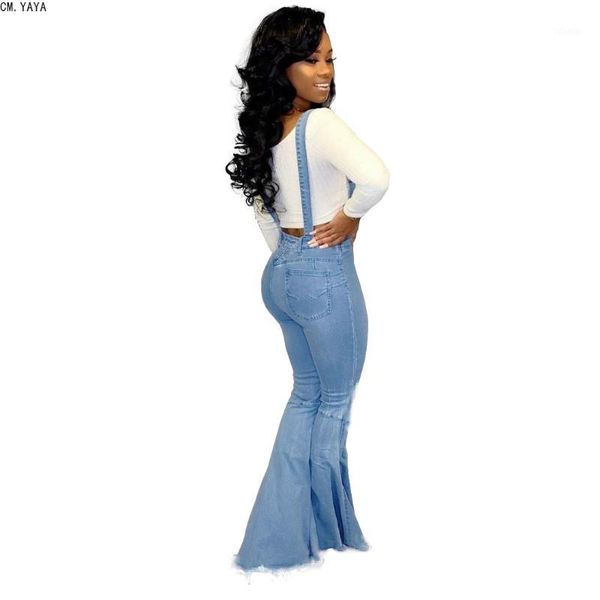 

women's jeans cm.yaya autumn winter female denim pants high waist solid color fashion frayed hole flare overalls trousers hsf20931, Blue