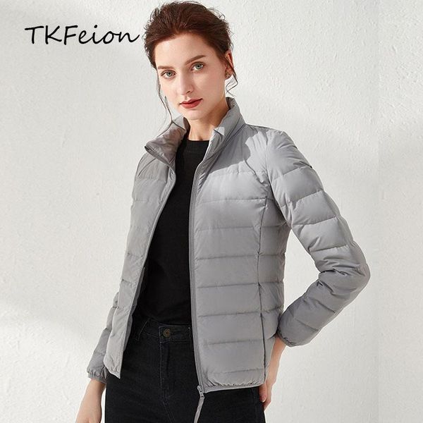 

2020 fall winter women warm jacket duck down filler fashion female bomber short coat slim cropped jacket stand collar grey black1, Black;brown