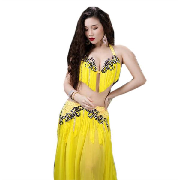 

2021 new belly dance performance costume women 2piece outfits dress luxury tassel bra maxi skirt carnival dancing wear yellow, Black;red