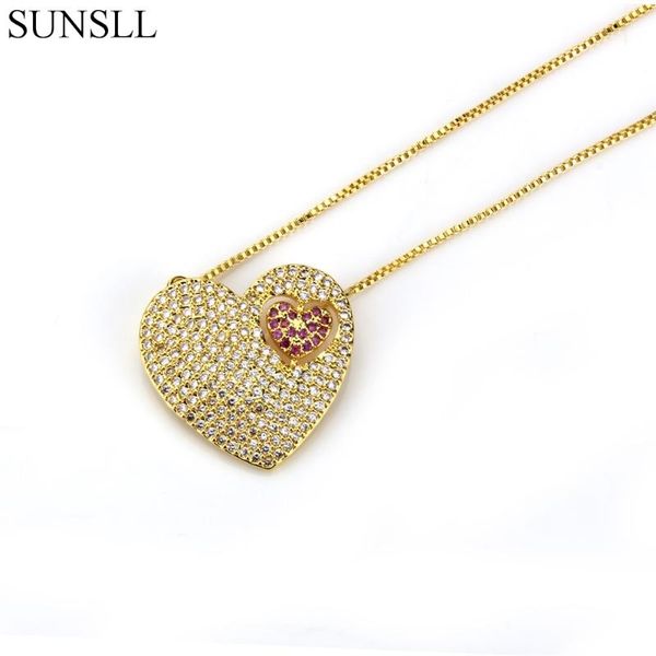 

sunsll gold color copper multicolor cubic zirconia two love heart pendant necklaces women's fashion jewelry cz colar feminina, Silver