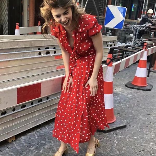 

summer dress robe femme 2019 women vestidos dress red polka dot print v-neck ruffled waist belted beach dresses female1, Black;gray