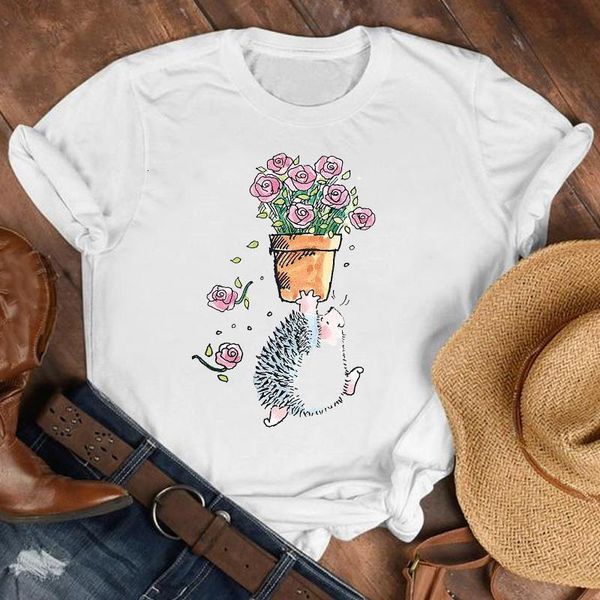 

women lady animal love flower floral 90s style cute cartoon shirt clothes tshirt tee womens female print t graphic t-shirt, White