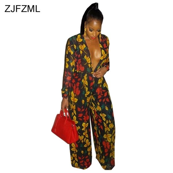 

zjfzml leaves print loose jumpsuit casual v-neck long sleeve overall for women floor-length party wide leg romper sashes y200422, Black;white