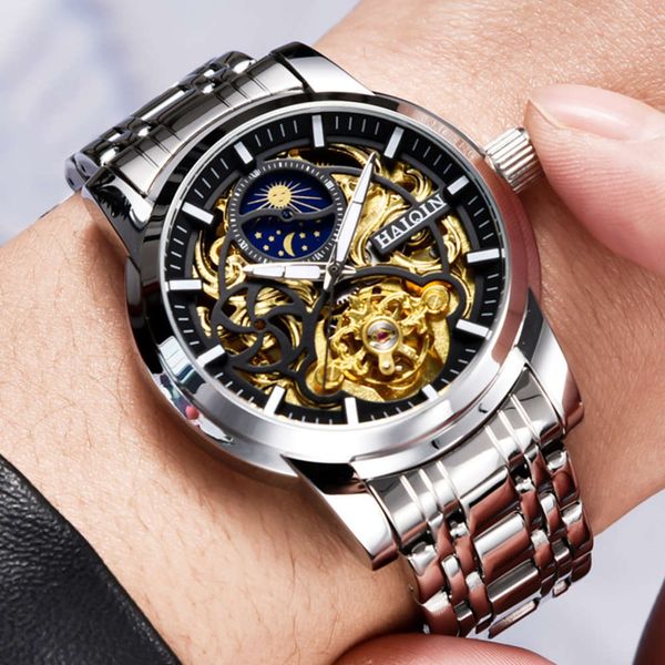 

hollow haiqin / haiqin men's automatic out mechanical watch, Slivery;brown
