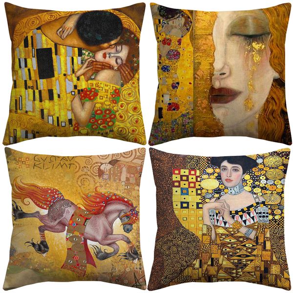 

11 styles oil painting gold luxury decorative cushion covers gustav klimt animal horse tree cushion cover sofa linen pillow case