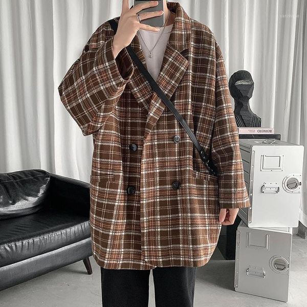 

spring korean plaid blazer men's fashion retro business casual suit jacket men streetwear loose dress jacket mens coat m-3xl1, White;black