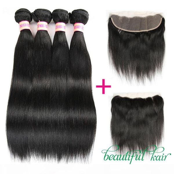

brazilian straight human hair bundles with 13*4 lace frontal closure 9a brazilian virgin hair with ear to ear lace frontal closure, Black