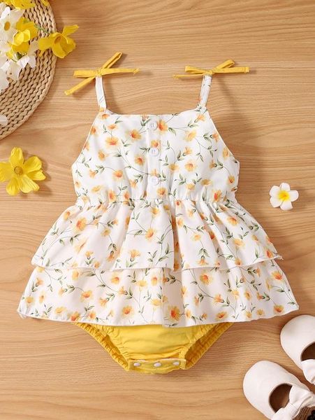 

baby floral print bow shoulder layered hem dress she, Red;yellow