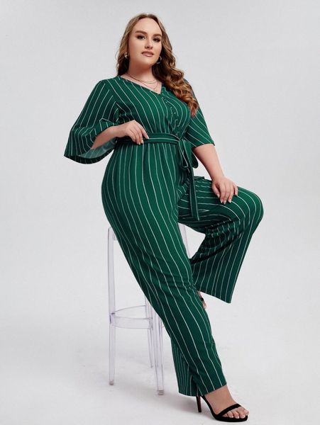 

plus striped print belted wide leg jumpsuit h7sz#, Black
