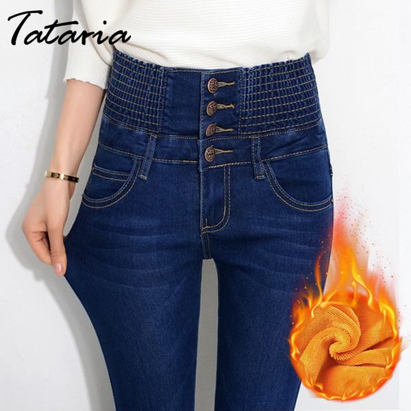 

tataria autumn winter jeans for women high waist skinny warm thick jeans women's high elastic plus size stretch jeans velvet 1017, Blue