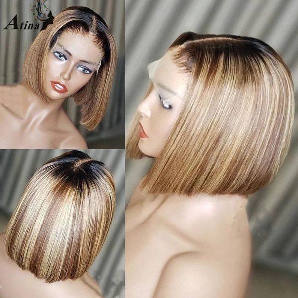 

lace wigs 4Ã4 short straight bob human hair wig pre plucked bleach knots remy ombre highlight colored hd transparent closure 180, Black;brown