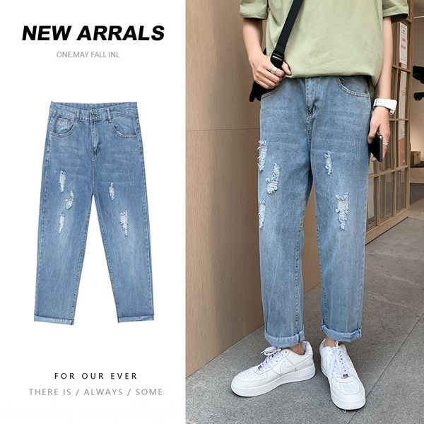

abq10 2020 summer ins fashion br broken hole c korean jeans men's point loose student versatile and casual pants jeansjeans and jeansst, Blue