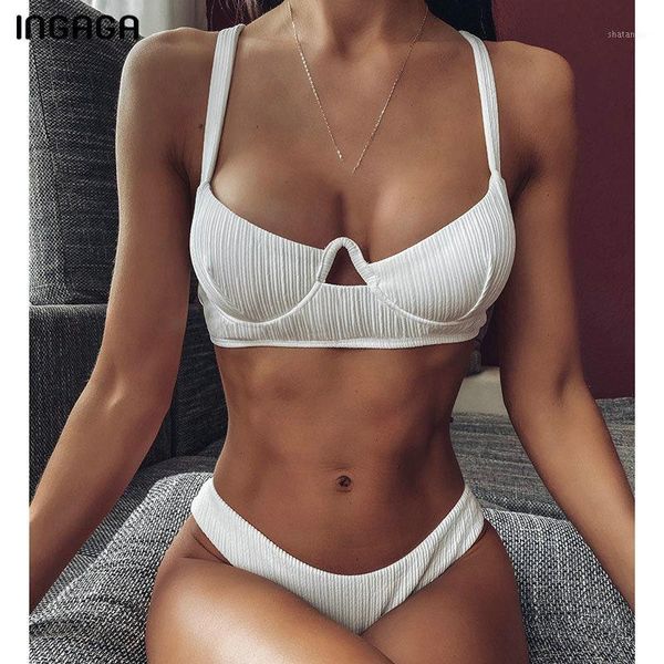 

ingaga solid push up bikini set high cut thong swimwear women wrap biquini cut out swimsuit solid ruched beach bathers1, White;black