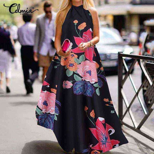 Celmia 2021 Verão Floral Impressão Halter Maxi Vestido Mulheres Casual Sem Mangas Party Feriado Vestidos Balanço A-Linha Sundress Y220214