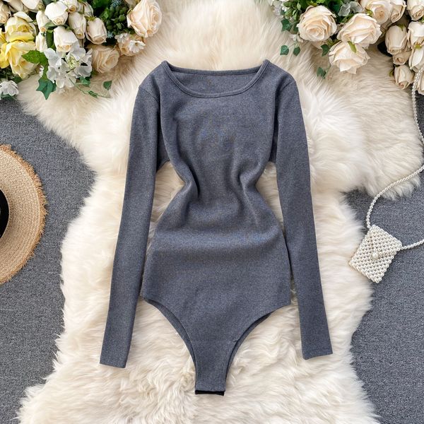 

2021 new thin female singiny elastic jumpsuit neck long coverall spring fall solid streetwear bodysuit 3l7u, Gray