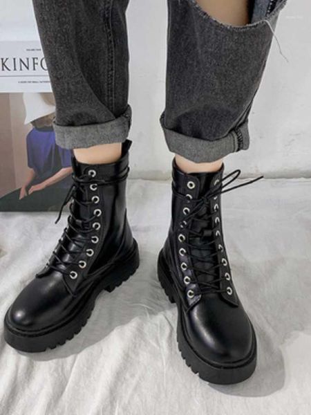 

boots white black pu leather ankle women fall/winter round toe lace-up shoes fashion motorcycle size 35-401