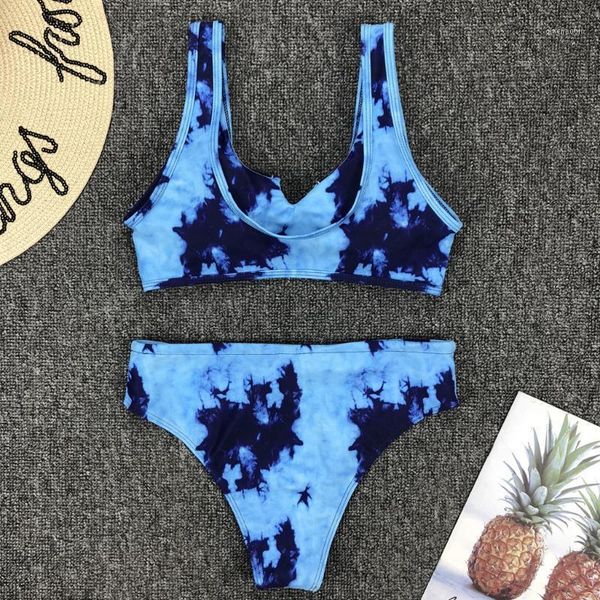 

swimsuit for women 2020 women tie-dye print bikini push up cut out swimwear high waist lace up two piece swimsuit 515#31