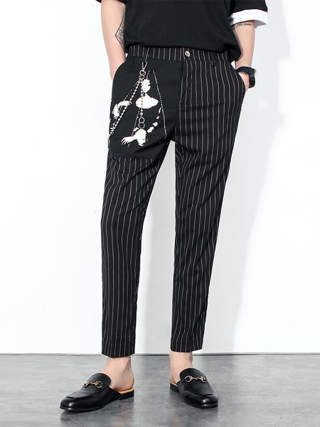

2021 M-3xl!! New Spring You'll See Men's Stripe Stripes Slim Hairstylist Trend Tiny Foot Nine Casual Pants Stitches. 4YET, Black