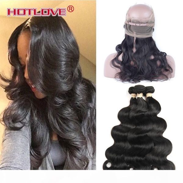 

ove india 2pcs 3pcs body wave hair weft with 360 lace frontal closure indian virgin unprocessed human hair bundle with 360 closure, Black;brown