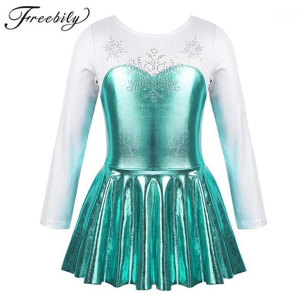 

stage wear kids long sleeves shiny metallic rhinestone snowflake figure skating dress ballet costume gymnastics leotard girls dance wear1, Black;red