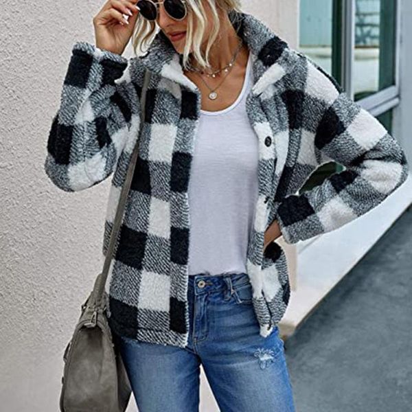 

women's jackets pocket long sleeve plaid stand collar 2021 overcoat casual loose jacket coat vintage female, Black;brown