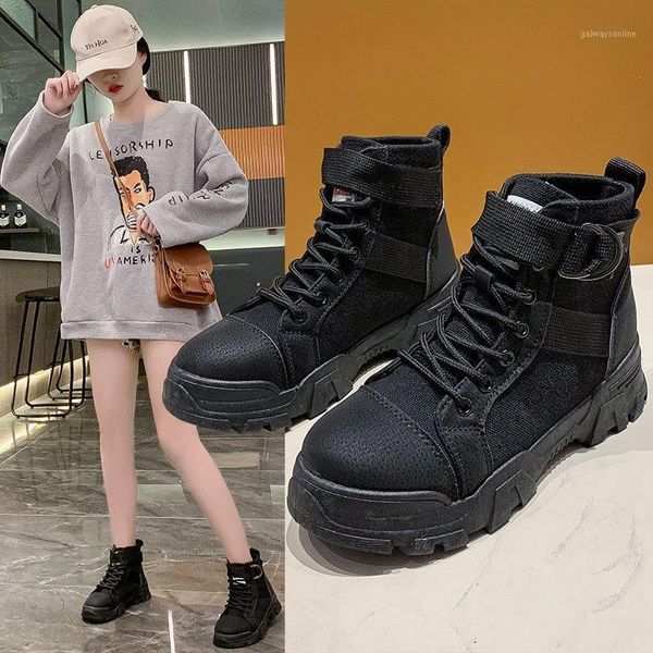 

boots 2021 women british style woman leather sneakers casual high flat with spring autumn women's ankle boot1, Black