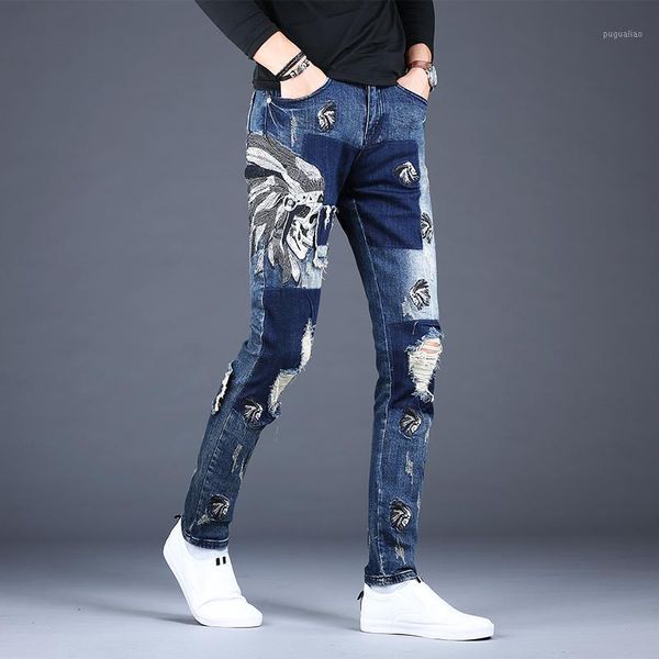 

men blue patch ripped jeans 2020 fashion korean style embroidery distressed jean slim fit pencil pants streetwear denim trousers1