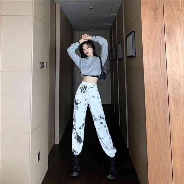 

women pants black sports pants women loose legged harem spring and summer high waist slim casual tie dyed, Black;white