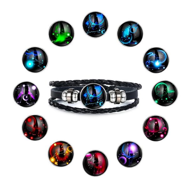 

link, chain en 12 constellation luminous bracelets multilayer braided leather bracelet charm bangle for men women jewelry party gifts, Black