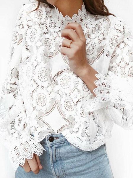

women's blouses & shirts goocheer fashion cut out translucent horn long sleeve slim elegant summer white lace shirt women and 1