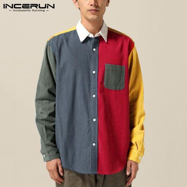 

men patchwork shirts long sleeve lapel corduroy blouse incerun man buttons color block casual pockets shirts streetwear 3xl, White;black