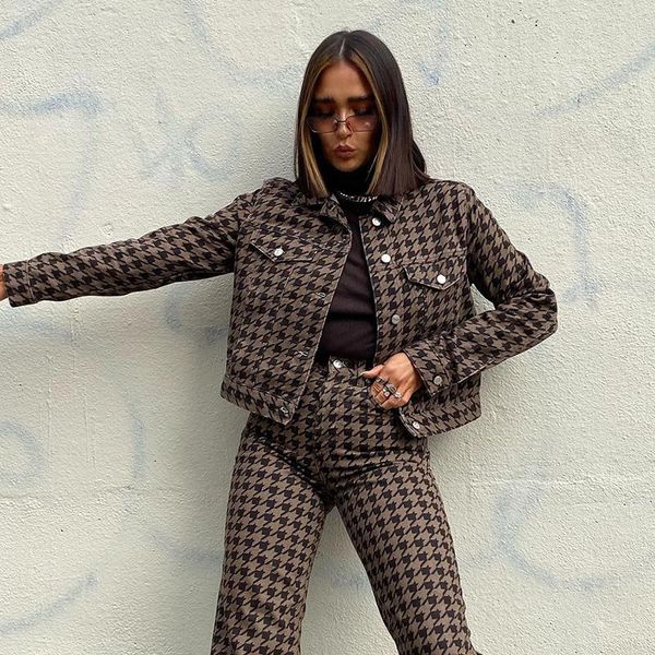 

women's jackets autumn print houndstooth vintage cropped jacket women elegant plaid coat ladies button turn down collar overcoat, Black;brown